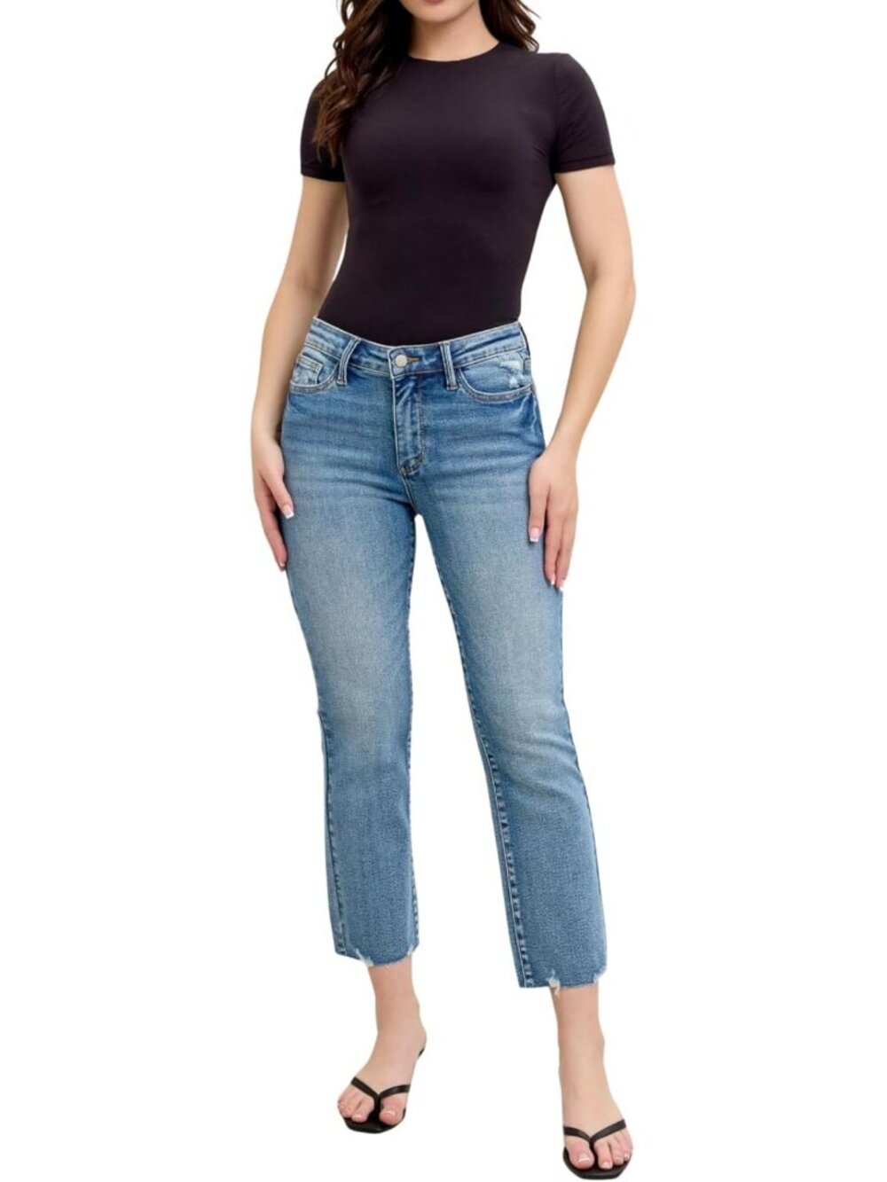 Mid Rise Vintage Wash Destroy Hem Kick Flare Jeans - 26" Inseam, Trendy Fit